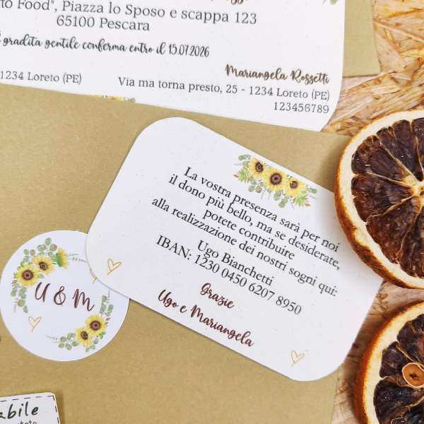 Bigliettino lista nozze lista viaggi IBAN GIRASOLI